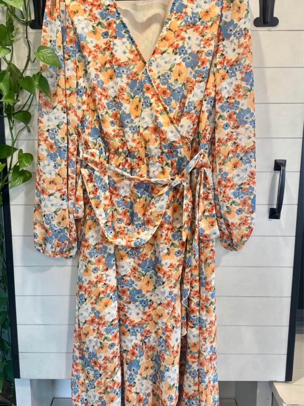 Floral Wrap Maxi Dress in Peach & Blue - Long Sleeve